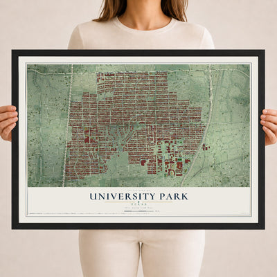 Map of University Park, Texas, 18 x 24 inch print in a black wood frame