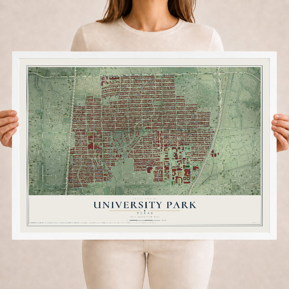 Map of University Park, Texas, 18 x 24 inch print in a white wood frame