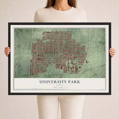 Map of University Park, Texas, 24 x 36 inch print in a black wood frame