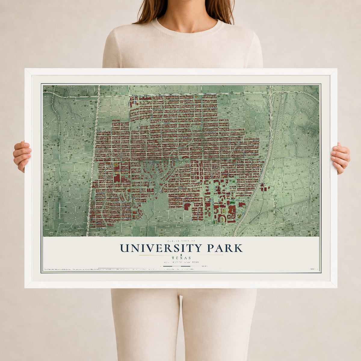 Map of University Park, Texas, 24 x 36 inch print in a white wood frame