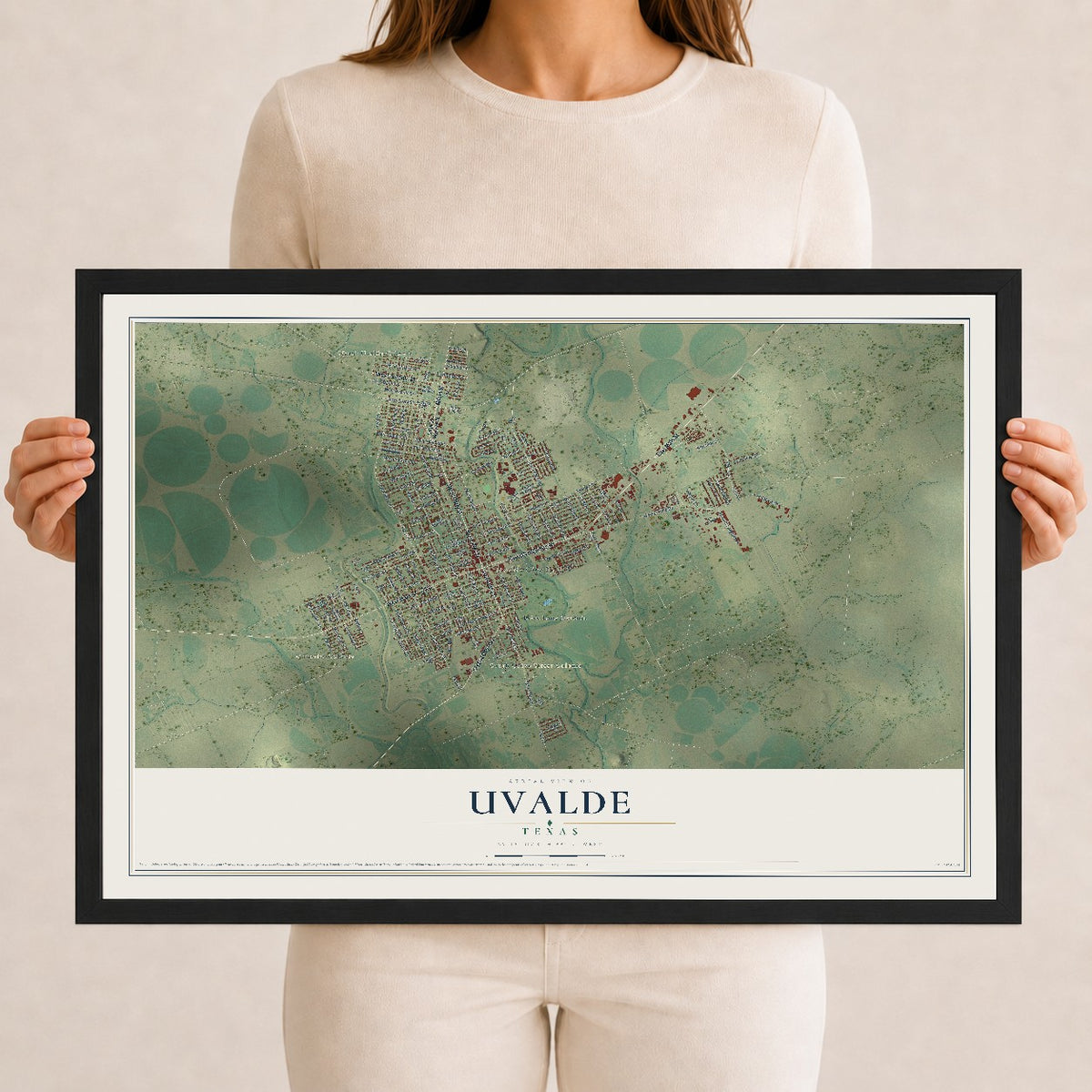 Map of Uvalde, Texas, 12 x 18 inch print in a black wood frame