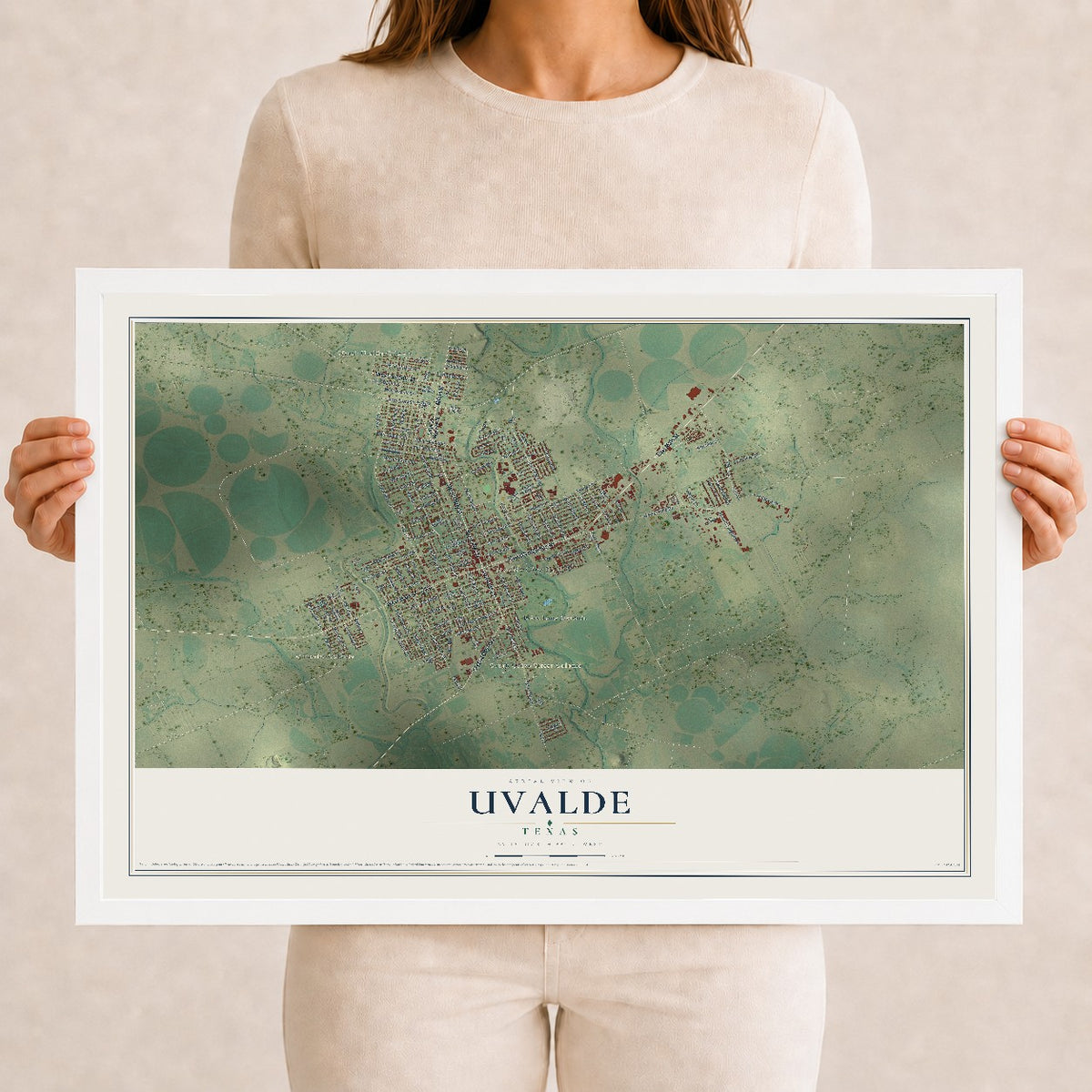 Map of Uvalde, Texas, 12 x 18 inch print in a white wood frame