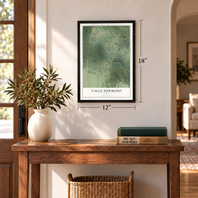 Valle Hermoso, Texas map, 12 x 18 inch print in a black frame in an entryway