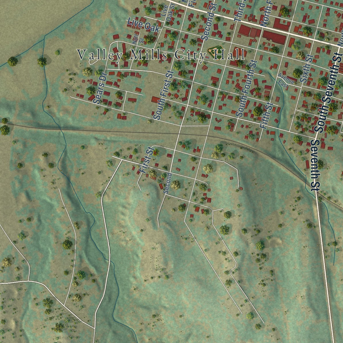 Close-up of the map of Valley Mills, Texas print showing street and building detail