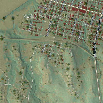Close-up of the map of Valley Mills, Texas print showing street and building detail