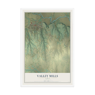 Map of Valley Mills, Texas, 12 x 18 inch print in a white wood frame