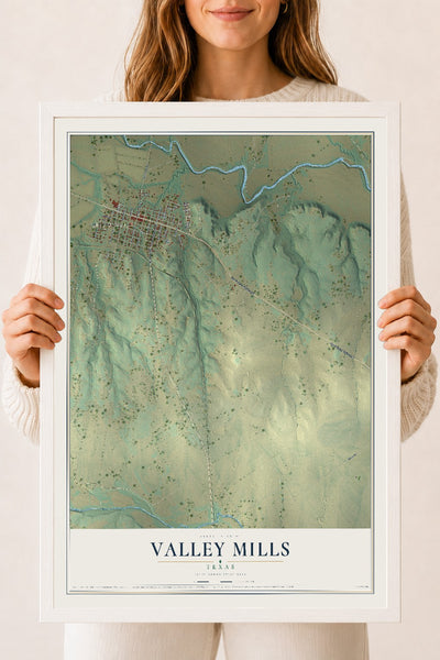 Map of Valley Mills, Texas, 18 x 24 inch print in a white wood frame
