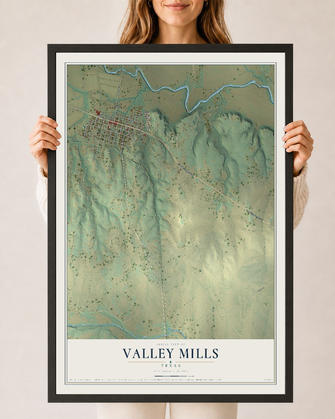 Map of Valley Mills, Texas, 24 x 36 inch print in a black wood frame