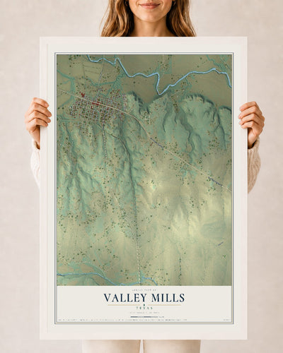Map of Valley Mills, Texas, 24 x 36 inch print in a white wood frame