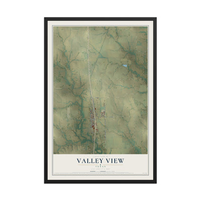 Map of Valley View, Texas, 12 x 18 inch print in a black wood frame