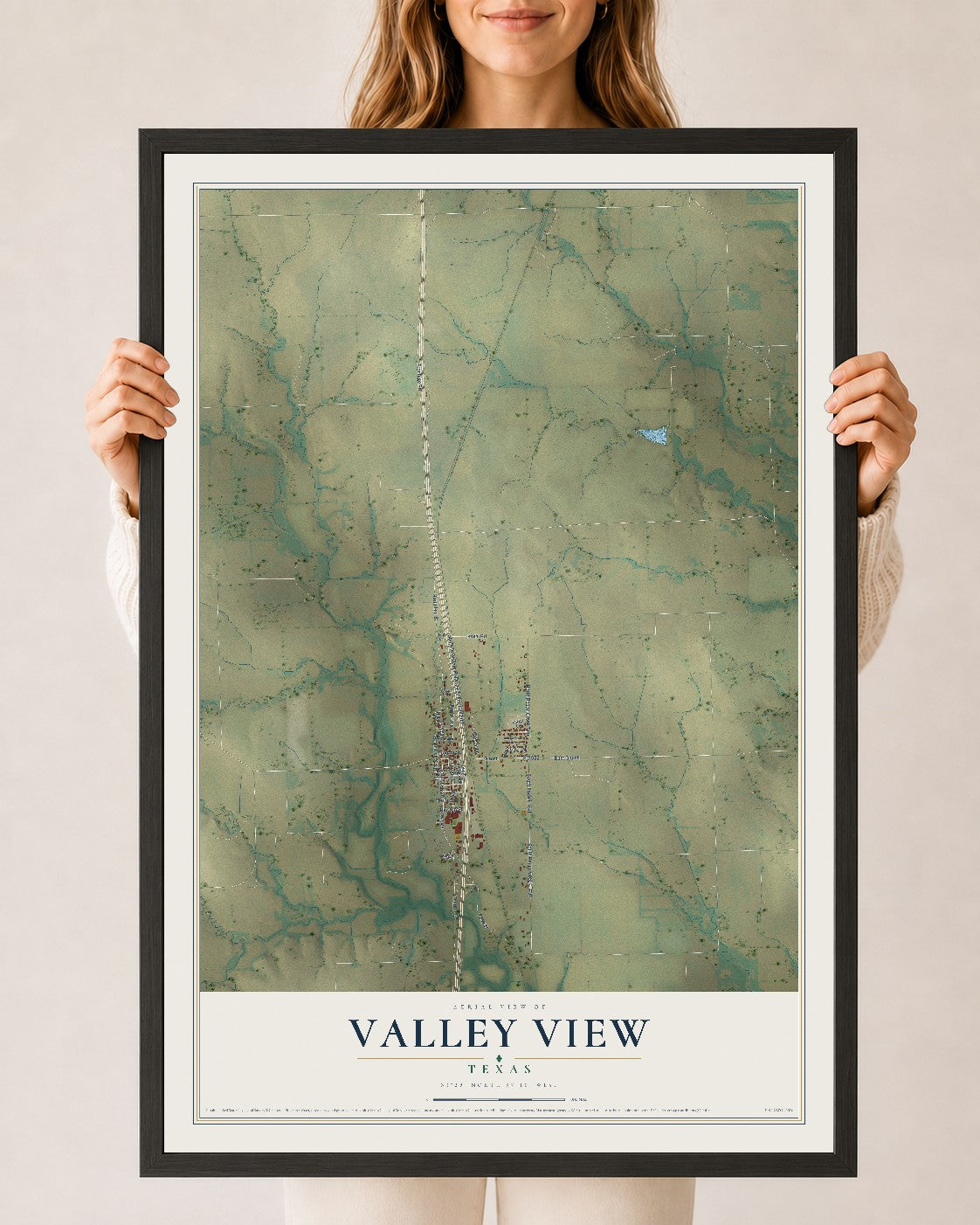 Map of Valley View, Texas, 24 x 36 inch print in a black wood frame