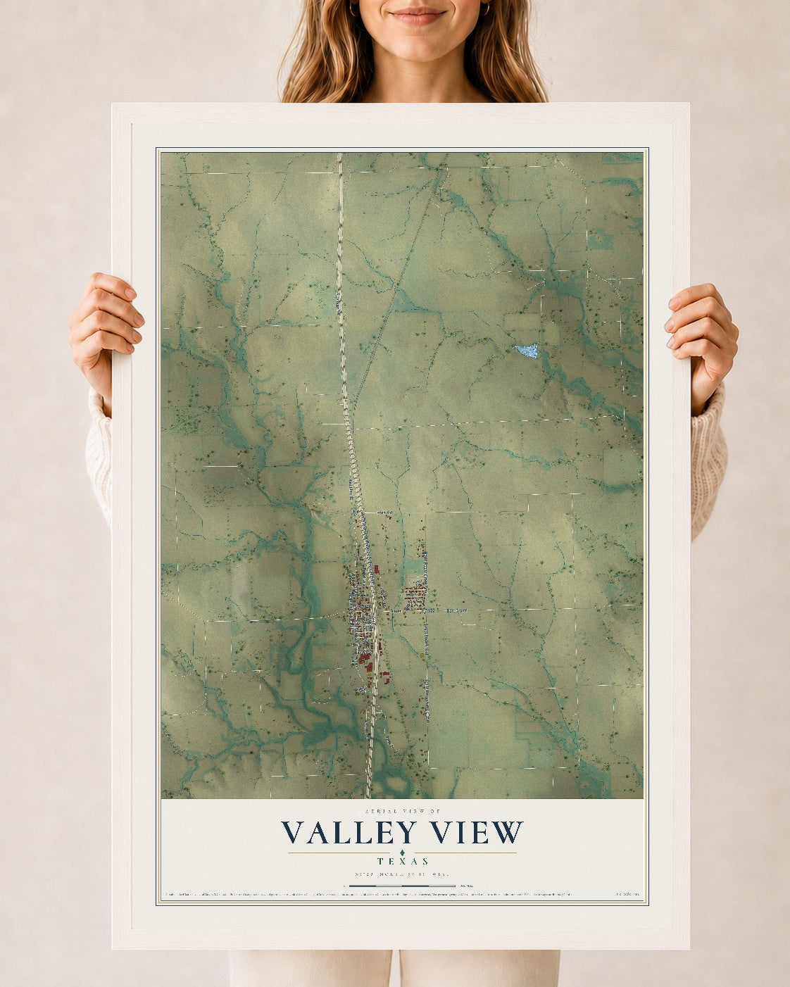 Map of Valley View, Texas, 24 x 36 inch print in a white wood frame
