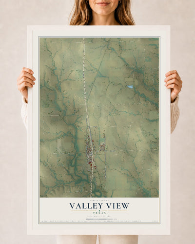 Map of Valley View, Texas, 24 x 36 inch print in a white wood frame