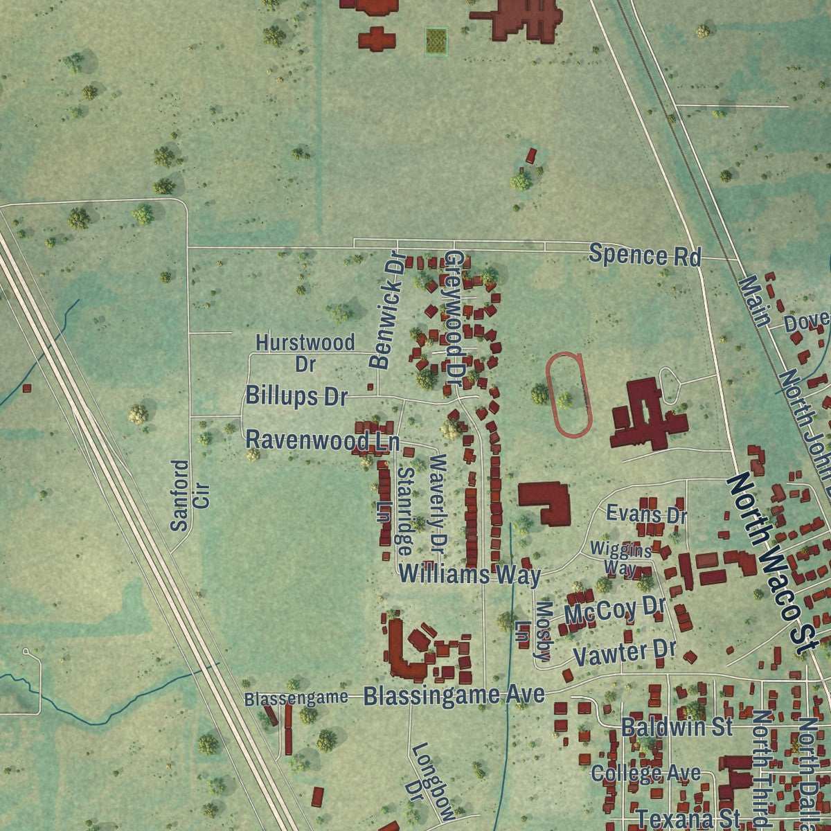 Second close-up of the map of Van Alstyne, Texas print showing more streets and buildings