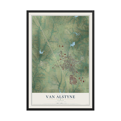 Map of Van Alstyne, Texas, 12 x 18 inch print in a black wood frame