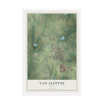 Map of Van Alstyne, Texas, 12 x 18 inch print in a white wood frame