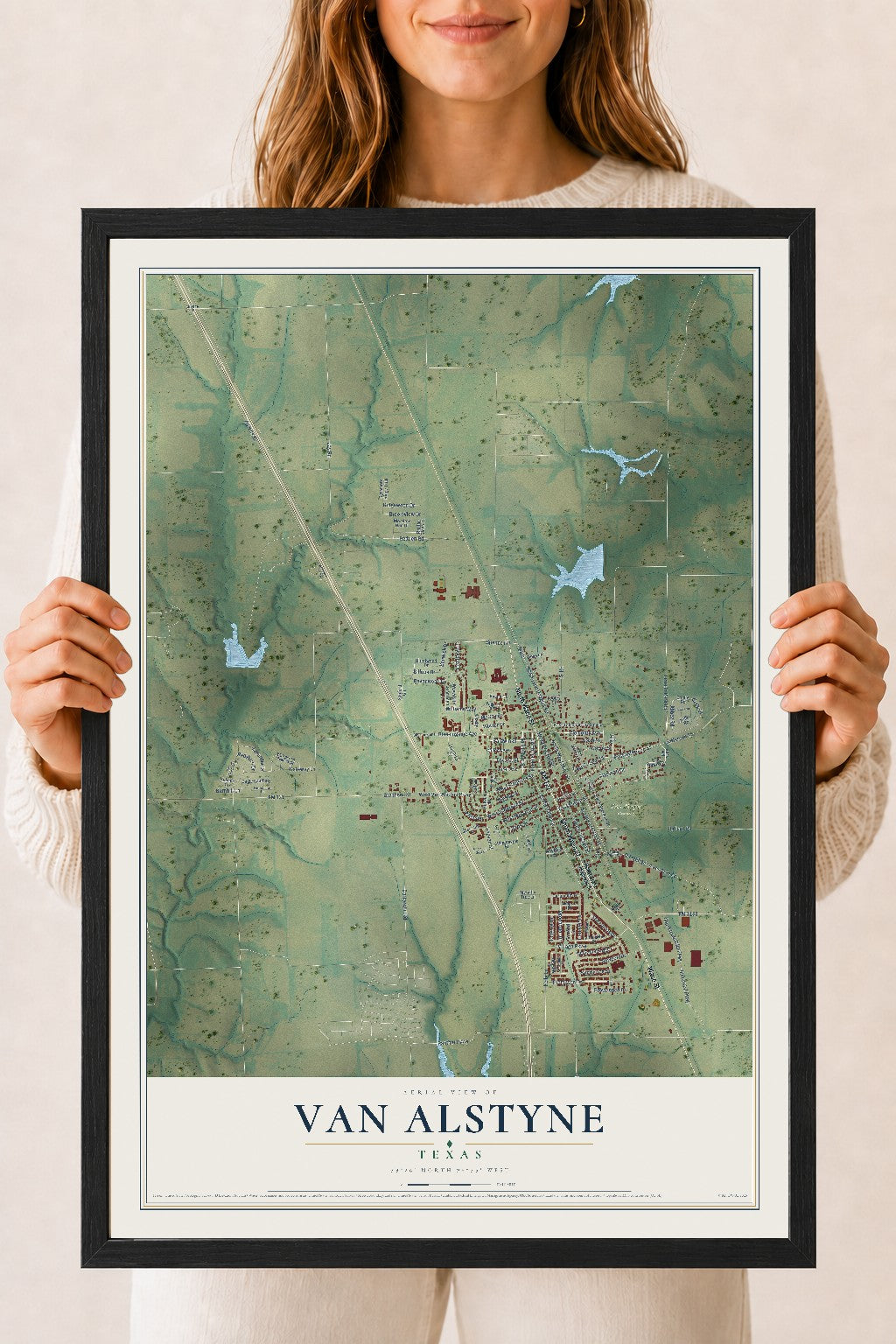 Map of Van Alstyne, Texas, 18 x 24 inch print in a black wood frame