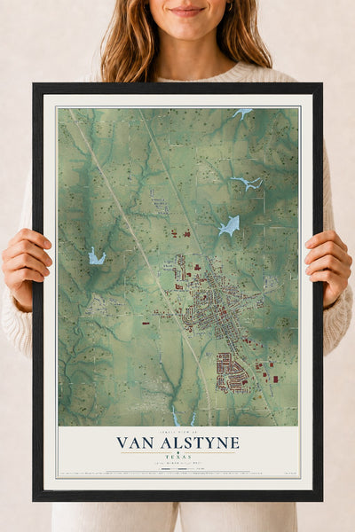Map of Van Alstyne, Texas, 18 x 24 inch print in a black wood frame