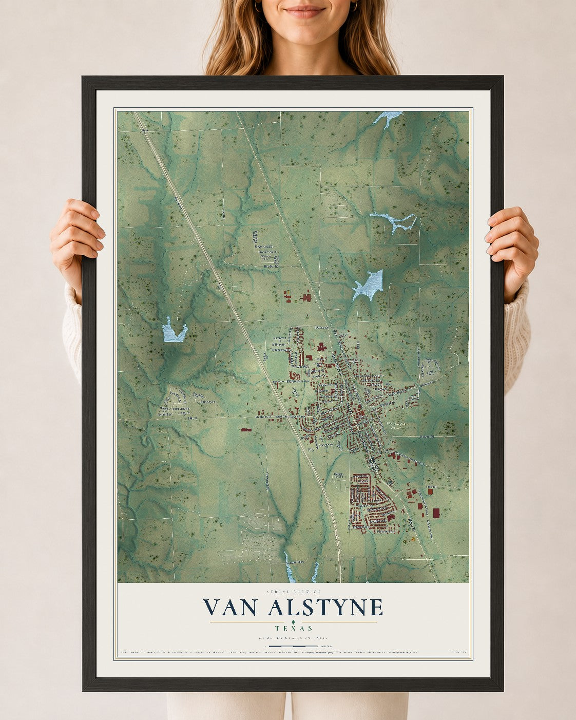 Map of Van Alstyne, Texas, 24 x 36 inch print in a black wood frame
