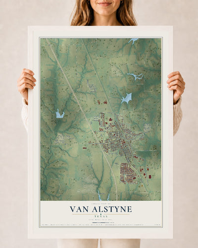 Map of Van Alstyne, Texas, 24 x 36 inch print in a white wood frame