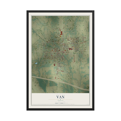 Map of Van, Texas, 12 x 18 inch print in a black wood frame