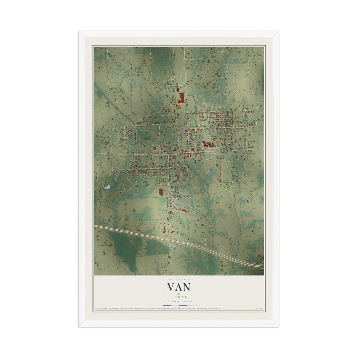 Map of Van, Texas, 12 x 18 inch print in a white wood frame