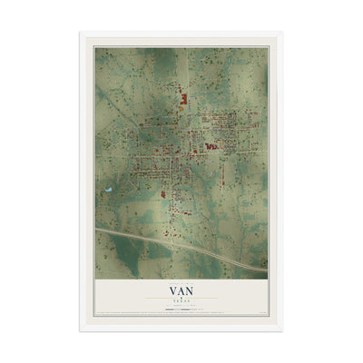 Map of Van, Texas, 12 x 18 inch print in a white wood frame