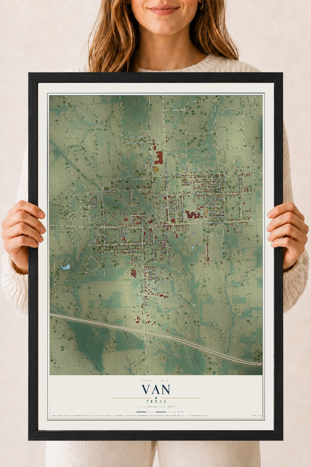 Map of Van, Texas, 18 x 24 inch print in a black wood frame