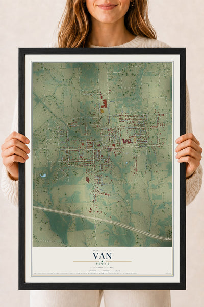 Map of Van, Texas, 18 x 24 inch print in a black wood frame