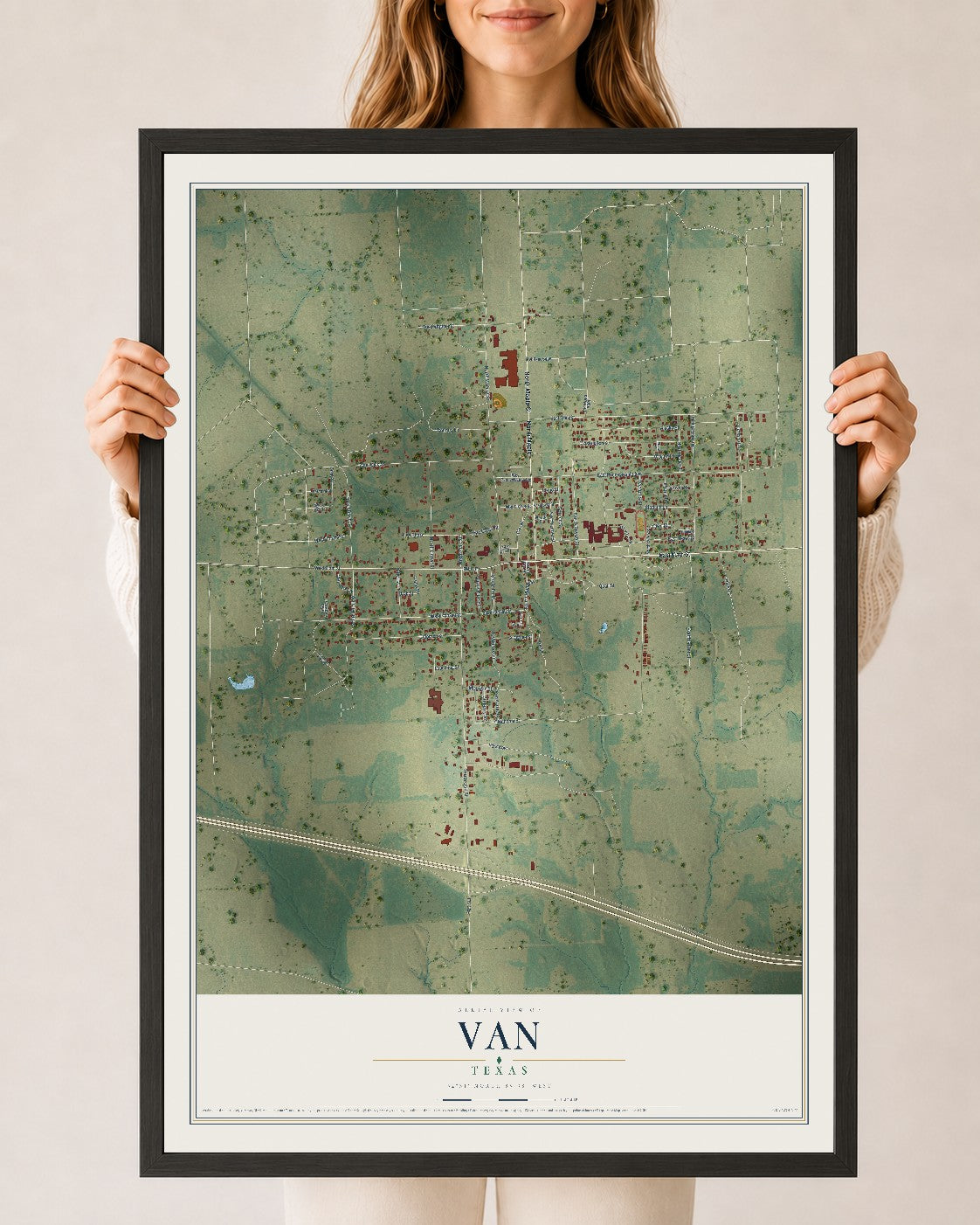 Map of Van, Texas, 24 x 36 inch print in a black wood frame