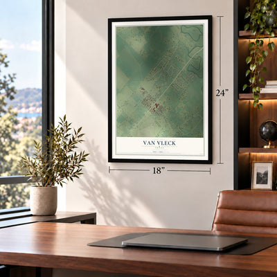 Van Vleck, Texas map, 18 x 24 inch print in a black frame in a home office