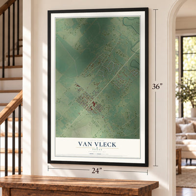 Van Vleck, Texas map, 24 x 36 inch print in a black frame by a staircase