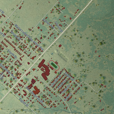 Close-up of the map of Van Vleck, Texas print showing street and building detail