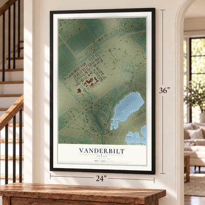 Vanderbilt, Texas map, 24 x 36 inch print in a black frame by a staircase