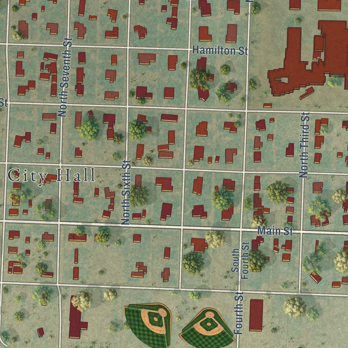 Close-up of the map of Vega, Texas print showing street and building detail