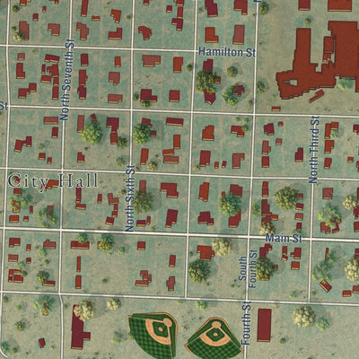 Close-up of the map of Vega, Texas print showing street and building detail