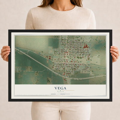 Map of Vega, Texas, 12 x 18 inch print in a black wood frame