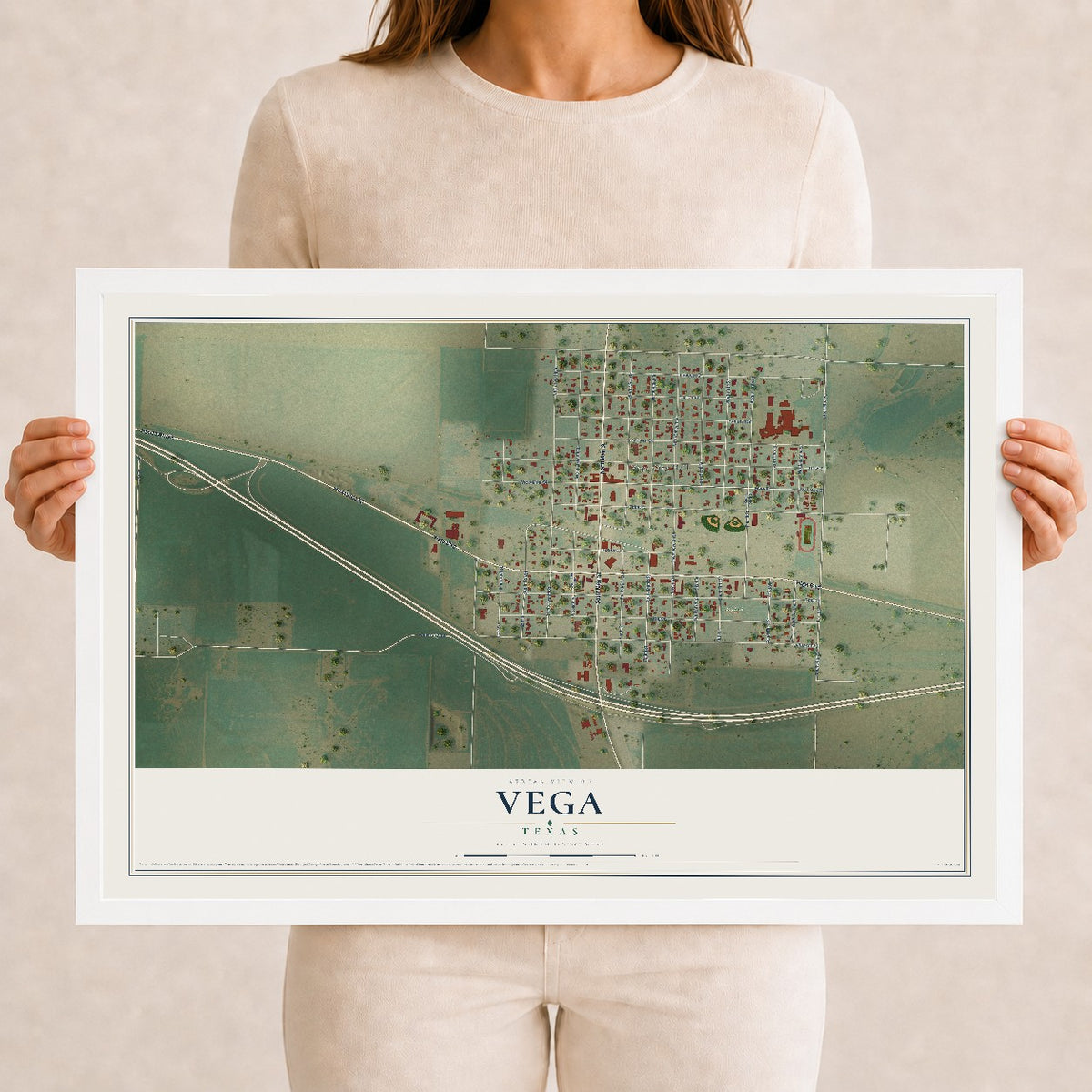 Map of Vega, Texas, 12 x 18 inch print in a white wood frame