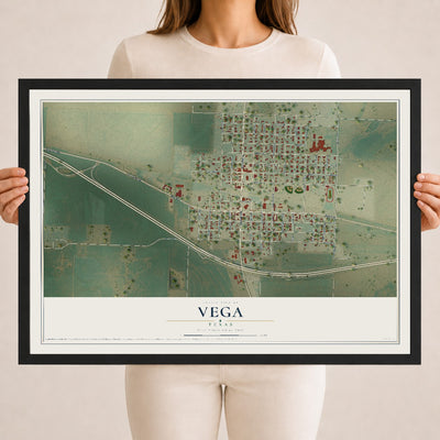 Map of Vega, Texas, 18 x 24 inch print in a black wood frame