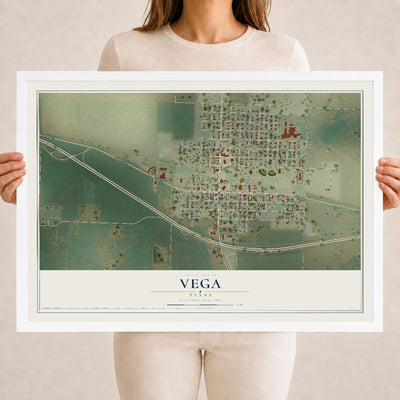 Map of Vega, Texas, 18 x 24 inch print in a white wood frame