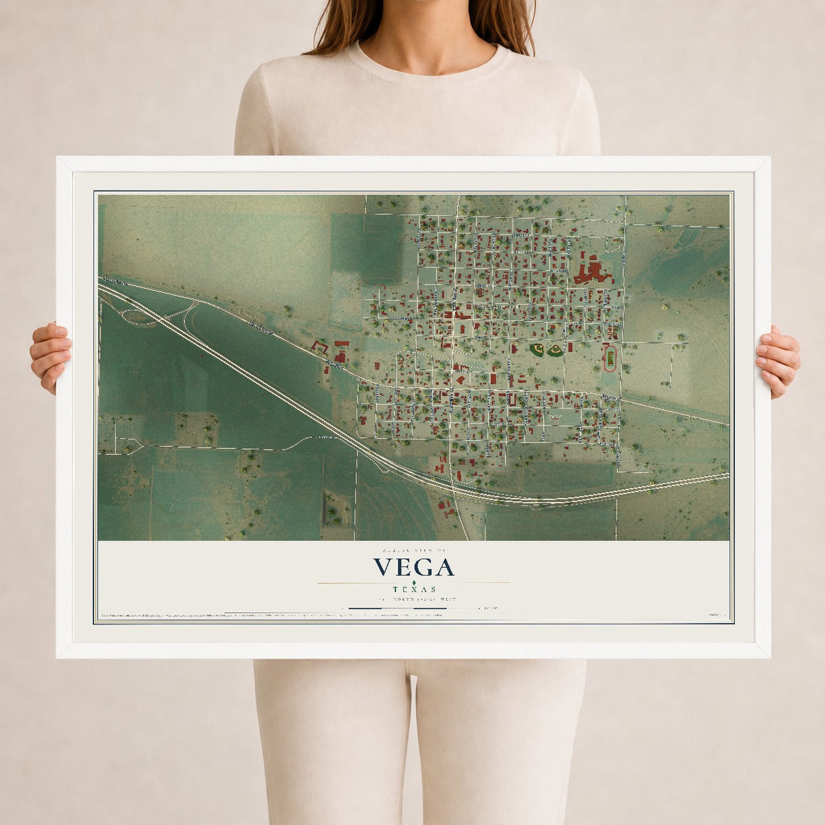 Map of Vega, Texas, 24 x 36 inch print in a white wood frame