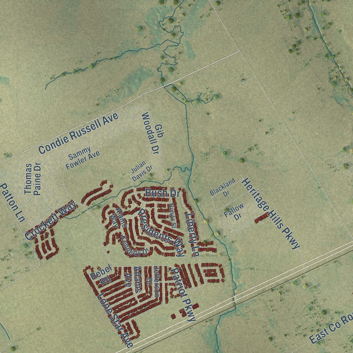 Second close-up of the map of Venus, Texas print showing more streets and buildings