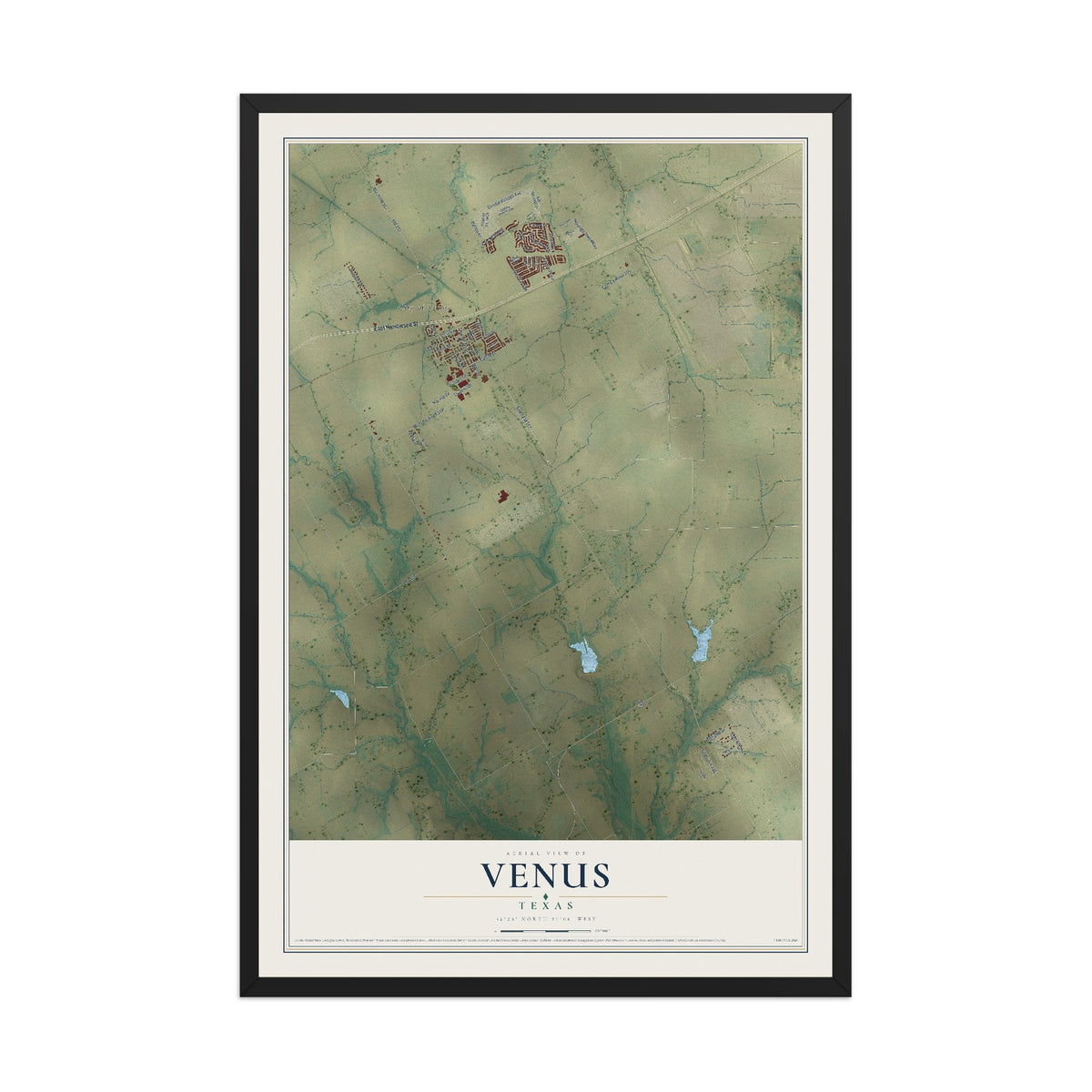 Map of Venus, Texas, 12 x 18 inch print in a black wood frame