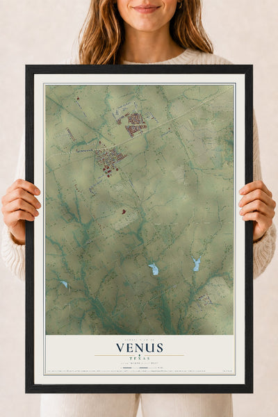 Map of Venus, Texas, 18 x 24 inch print in a black wood frame