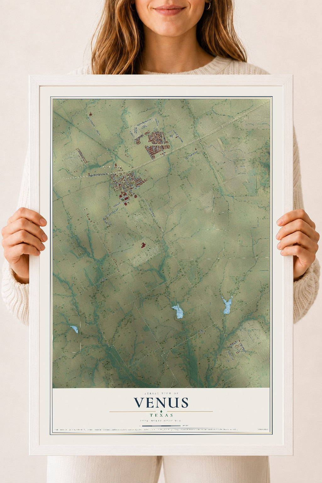 Map of Venus, Texas, 18 x 24 inch print in a white wood frame