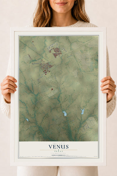 Map of Venus, Texas, 18 x 24 inch print in a white wood frame