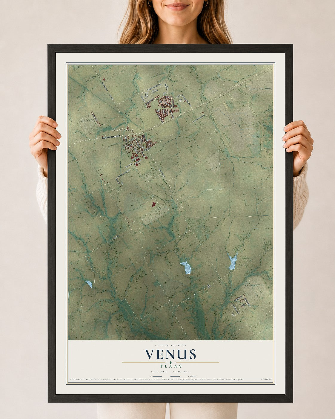 Map of Venus, Texas, 24 x 36 inch print in a black wood frame