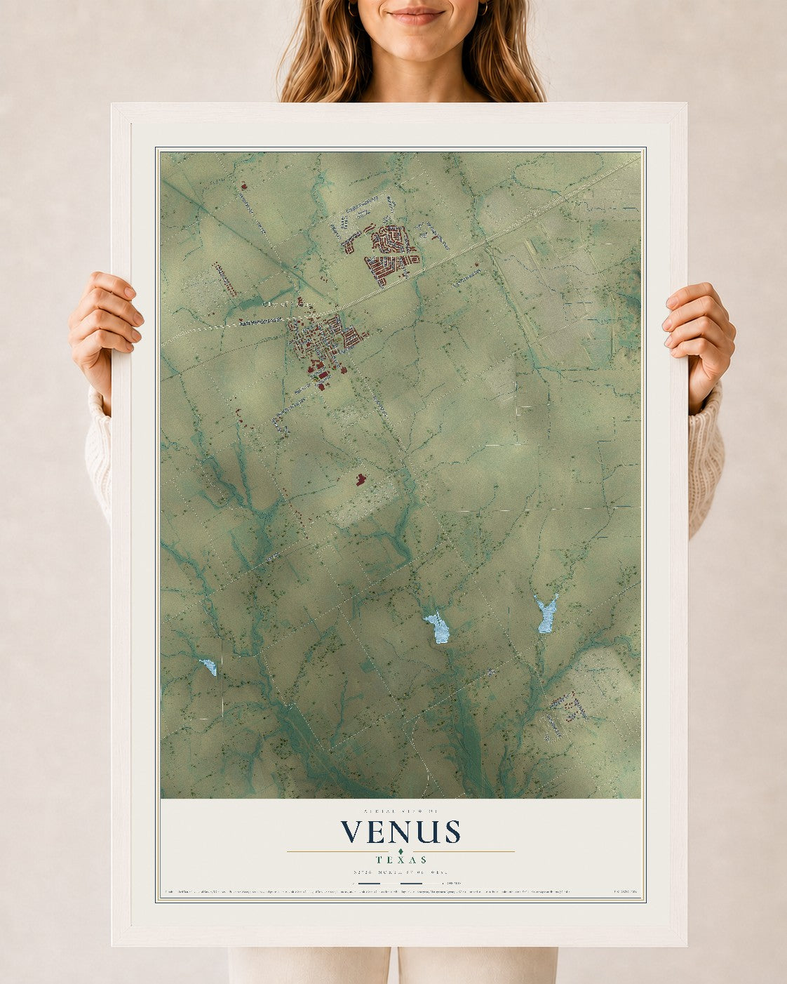 Map of Venus, Texas, 24 x 36 inch print in a white wood frame