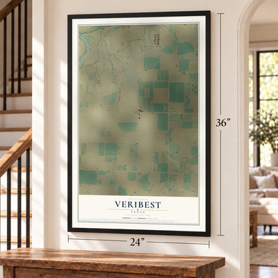 Veribest, Texas map, 24 x 36 inch print in a black frame by a staircase