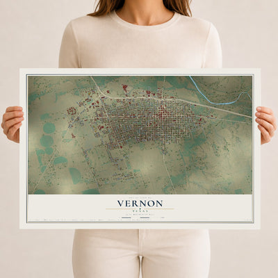 Map of Vernon, Texas, 12 x 18 inch unframed archival matte print